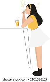 problem solving concept, woman thinking, with question mark and light bulb icons. creative idea. Hand drawn style vector design illustrations