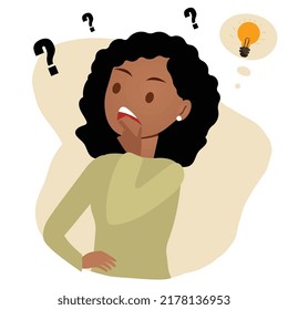 problem solving concept, woman thinking, with question mark and light bulb icons. creative idea. Hand drawn style vector design illustrations