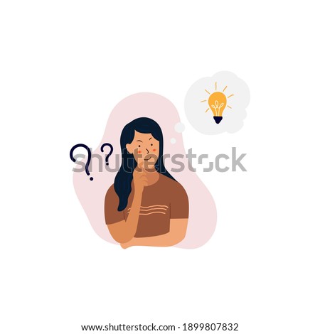 Problem solving concept, woman thinking with question mark and light bulb icons vector. Hand drawn style vector design illustrations