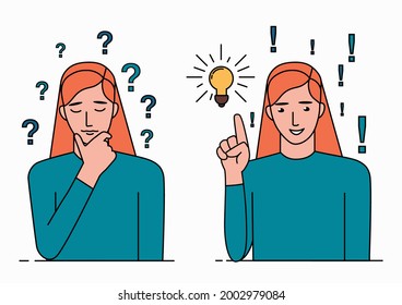 Problem solving concept. A woman thinks about a problem and finds a solution. A question mark and a light bulb are symbols of this process. Line art vector illustration isolated on white background.