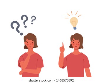 Problem solving concepts. Women are thinking - With a question mark. The girl received an answer - With a bulb icon. Vector illustration in a flat style