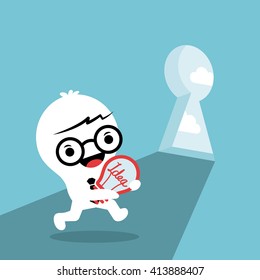 problem solving conceptual illustration with a man carrying idea light bulb walking through key hole door