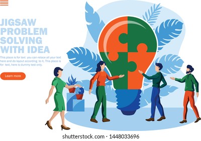 problem solving and creating idea with jigsaw bulb and team conversation concept  vector illustration