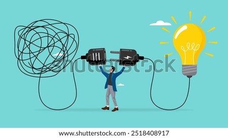 Problem Solving with creative idea solution, thought process to find a way out of a problem, problem and solution concept, businessman connect plug with light bulb idea to messy line of cable