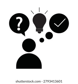 Problem solving and creative thinking concept icon. Person silhouette thinking with question mark, lightbulb idea and check mark bubble symbols.