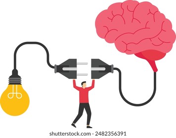 problem solving and creativity. Businessman connecting light bulb to brain

