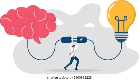 problem solving and creativity. Businessman connecting light bulb to brain


