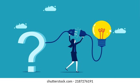 problem solving and creativity. businesswoman connects a question mark to a light bulb