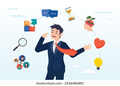 Problem solving and creativity, soft skills or personal attribute to be success, confident businessman with elements of soft skills, networking, empathy, time management, communication skill (Vector)