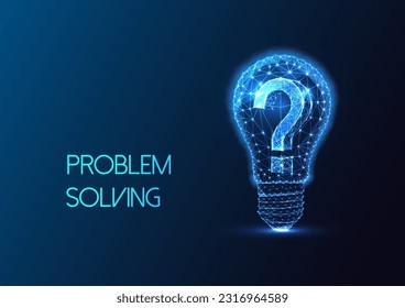 Problem solving, critical thinking futuristic concept with lightbulb and question mark in glowing low polygonal style on dark blue background. Modern abstract connection design vector illustration.