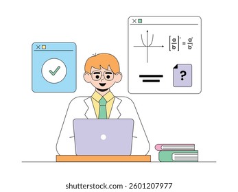 Problem solving in education with math problems, semi outline style, research vector illustration.