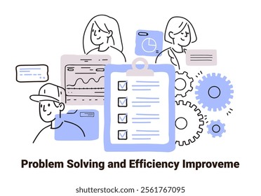 Problem solving and efficiency improvement concept with people gears charts checklist minimalist hand drawn style