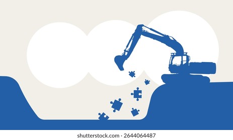 Problem Solving – Excavator Moving Puzzle into Pit – Vector Illustration Template
