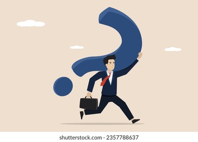 Problem solving, finding business solutions to difficulties, solving problems or answers, confusion or brainstorming concept, businessman carrying a big question mark. Illustration successful business