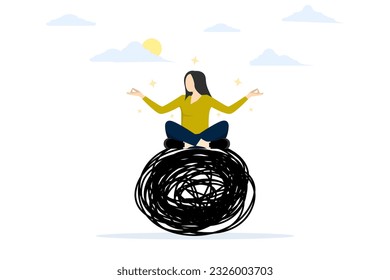 problem solving or frustration work concept, Stress management, meditation or relaxation to reduce anxiety, controlling emotions, woman in lotus meditation on chaos chaos line with positive energy.