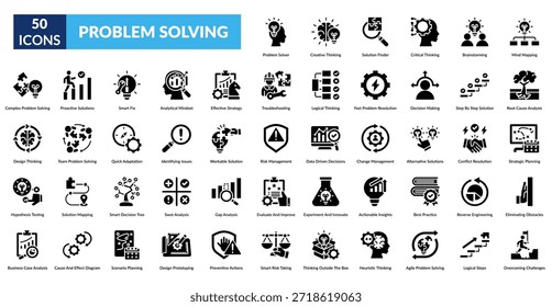 Problem Solving Glyph Icon Set. Problem Solver, Creative Thinking, Solution Finder, Critical Thinking, Brainstorming, Mind Mapping, Root Cause