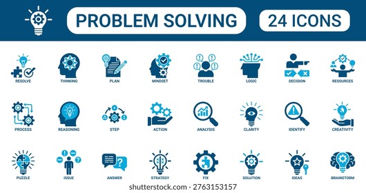 Problem solving icon collection featuring strategy, logic, analysis, creativity, idea generation, decision making and process thinking symbols. Ideal for business planning, innovation projects, brainstorming sessions, management presentations and productivity tools.
