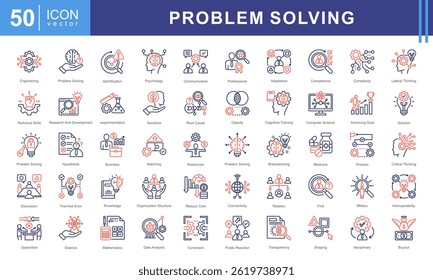 Conjunto de coleta de ícones de Solução de Problemas. Contendo processo, atingindo meta, soluções, recursos, conhecimento, profissionais, ícone de identificação. Ilustração de vetor simples.