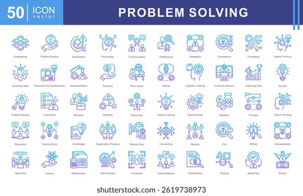 Problem Solving icon collection set. Containing process, achieving goal, solutions, resources, knowledge, professionals, identify icon. Simple vector illustration.