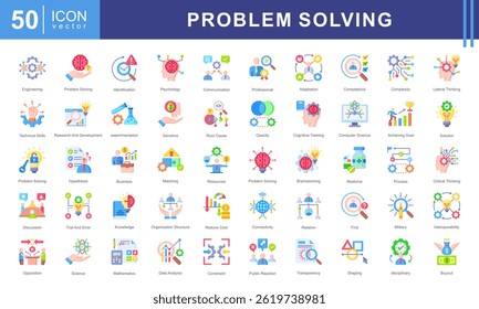 Conjunto de coleta de ícones de Solução de Problemas. Contendo processo, atingindo meta, soluções, recursos, conhecimento, profissionais, ícone de identificação. Ilustração de vetor simples.