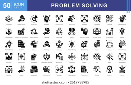 Conjunto de coleta de ícones de Solução de Problemas. Contendo processo, atingindo meta, soluções, recursos, conhecimento, profissionais, ícone de identificação. Ilustração de vetor simples.