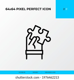 Problem solving Icon Concept. piece of jigsaw on hand.  vector line icon style.