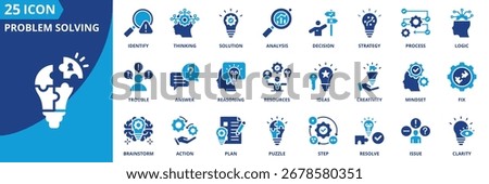 Problem solving icon set collection in flat style. Icon pack contains solution, logic, strategy, thinking, decision, process, analysis, creativity, mindset, reasoning, idea, trouble, fix, issue