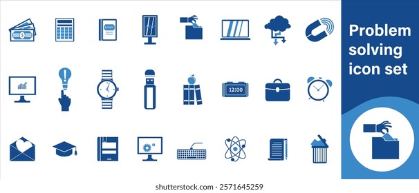 Problem solving icon set, illustration, set, vector, problem, symbol, solution, success, collection, brainstorming, modern, strategy, jigsaw, puzzle, teamwork, vision, icon, question and more.