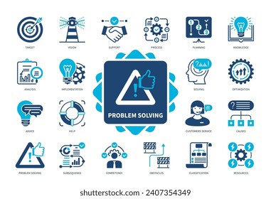 Problem Solving icon set. Obstacles, Optimization, Vision, Analysis, Advice, Customer Service, Competence, Solving. Duotone color solid icons