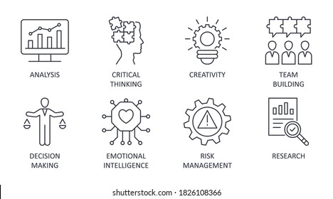 Problem Solving Icons Editable Stroke. Creativity Analysis Research Critical Thinking. Team Building Emotional Intelligence Risk Management Decision Making. Vector Stock Illustration On White Back