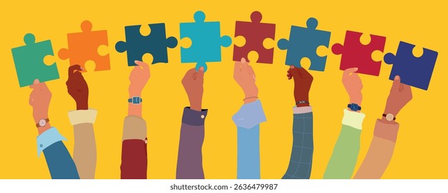 Problem Solving Idea. Conceptual Metaphor Illustration. Raised hand up of multicultural business people holding a jigsaw puzzle piece.Strategy or Match concept.Joining puzzle pieces