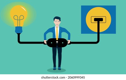 Problem solving idea, invent new innovation or thinking about new business idea concept, solution, smart leader businessman connect electricity to light up idea lightbul