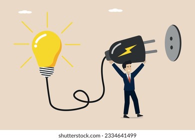Solución de problemas, búsqueda de nuevas innovaciones. Líder inteligente empresario conectando electricidad con bombilla de luz de ideas.