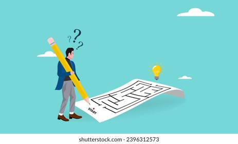 Problemlösungs-Illustration mit dem Konzept eines Geschäftsmanns, der ein Labyrinth-Rätsel zu einer Lösung löst, Business-Lösung Rätsel flache Illustration, Geschäftsleute mit Labyrinth-Puzzle-Konzept