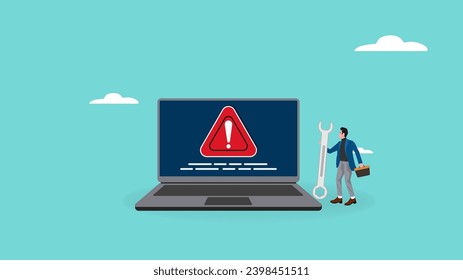 ilustración de resolución de problemas con el concepto de un empresario que lleva una gran llave para solucionar problemas con una laptop, concepto de soporte técnico, experto en TI