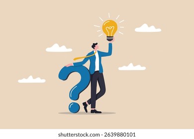 Problem Solving and Innovation Concept. Vector cartoon illustration of a businessman holding a light bulb as a symbol of an idea or solution while leaning on a large question mark.