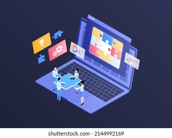Problem Solving Isometric Illustration Dark Gradient. Suitable for Mobile App, Website, Banner, Diagrams, Infographics, and Other Graphic Assets.
