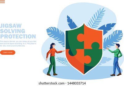 problem solving with jigsaw shield and two person conversation concept  vector illustration