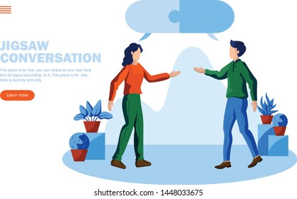 problem solving with jigsaw and two people conversation  concept vector illustration