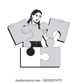Problem solving line conceptual illustration. Workflow organization, management. Part connection. Woman holding puzzle pieces 2D outline character isolated. Linear drawing grayscale vector