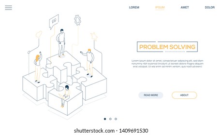 Problem solving - line design style isometric web banner on white background with copy space for text. Header with male, female business people, colleagues standing on puzzle pieces. Teamwork concept