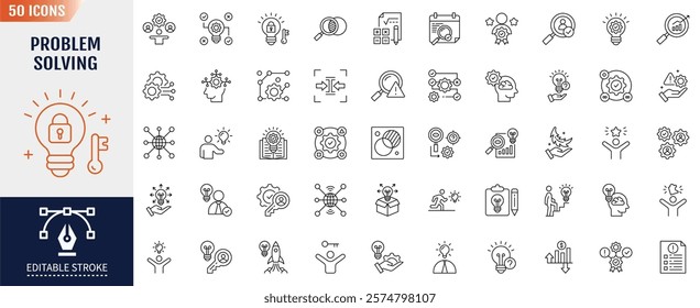 Problem solving line icon set. Editable stroke. Containing process, achievement, goal, solutions, resources, knowledge, professionals, identify icon. Vector illustration