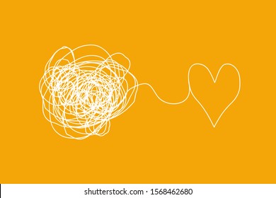 Problem solving in love relationships, family psychology concept. From a tangle of problems to a flat heart symbol, a simple linear pattern on a yellow background