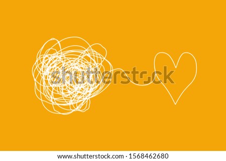 Problem solving in love relationships, family psychology concept. From a tangle of problems to a flat heart symbol, a simple linear pattern on a yellow background
