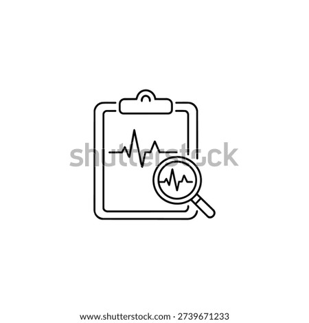 Problem solving medical report analysis icon black and white vector clipboard with heartbeat and magnifying glass