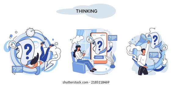 Problem solving metaphor, wondering or thinking, planning or pondering, with question mark. Creative thought idea. Brainstorming, idea and fantasy, motivation and inspiration, finding solution, answer