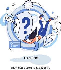 Metáfora de resolução de problemas, pensando ou pensando, planejando ou ponderando, com ponto de interrogação. Ideia do pensamento criativo. Debate, ideia e fantasia, motivação e inspiração, encontrar solução, resposta