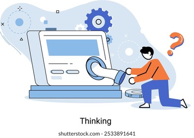 Problem solving metaphor, wondering or thinking, planning or pondering, with question mark. Creative thought idea. Brainstorming, idea and fantasy, motivation and inspiration, finding solution, answer