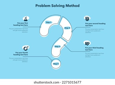 Plantilla de método de resolución de problemas con cuatro pasos y signo de interrogación como símbolo principal - versión azul. Diapositiva para presentación de negocios.