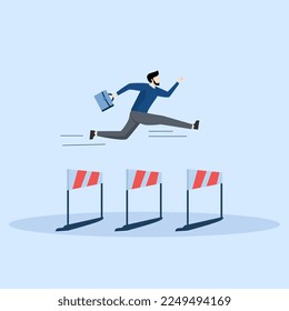 Problem solving motivational concept, Success in winning business competition, overcoming obstacles to achieve company target, Confident business leader jumping over 3 hurdles to become a winner.